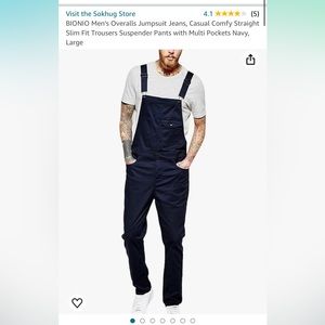 BIONIO Men's Overalls Jumpsuit Jeans,  Comfy Straight Slim Fit, Navy, Large